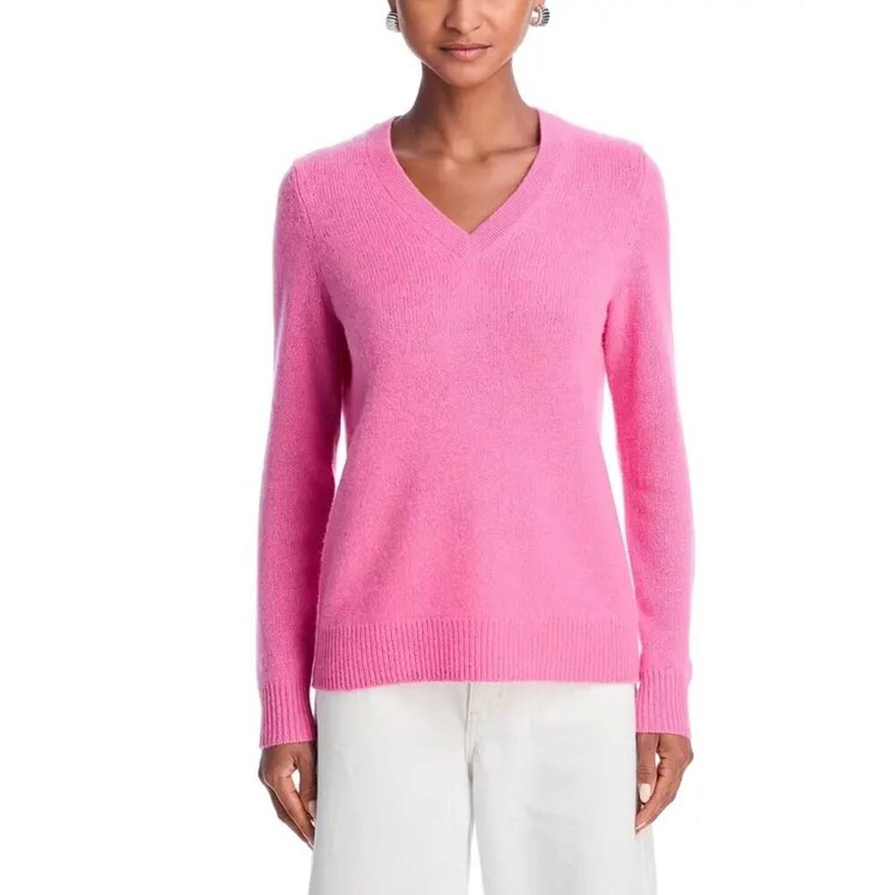 C by Bloomingdale's Women Flamingo Pink Cashmere Knit V-neck Sweater Size XS - Picture 2 of 8